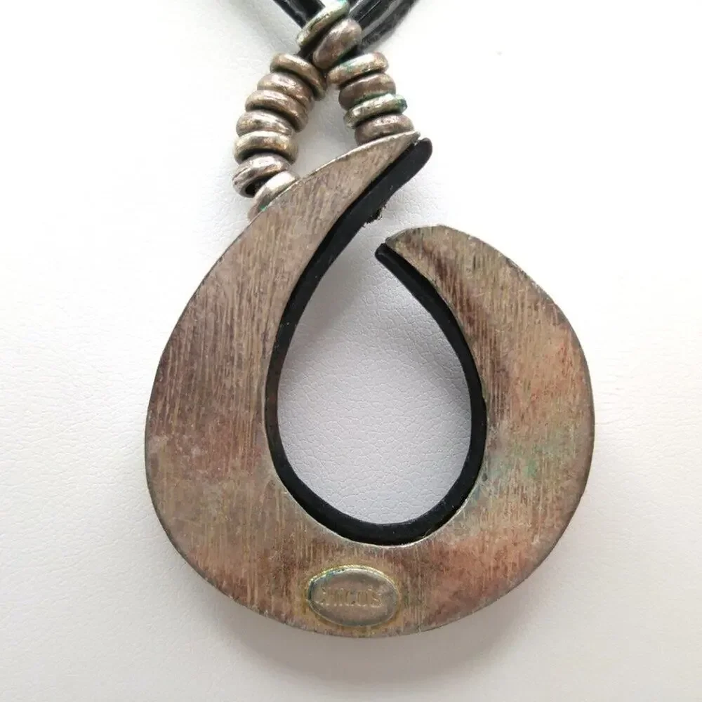 Chico's Black Enamel Pendant Necklace, Four Faux Leather Cords, Silver Tone Bead